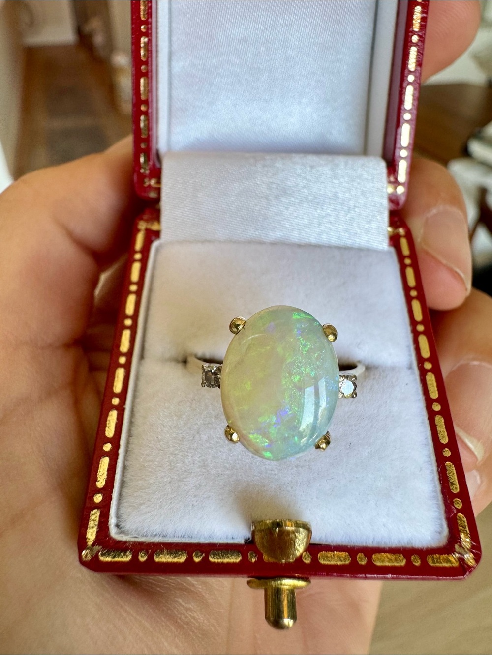 Vintage 14K Gold Australian Opal & Natural Diamond Ring Size 6.5 - Picture 9 of 12